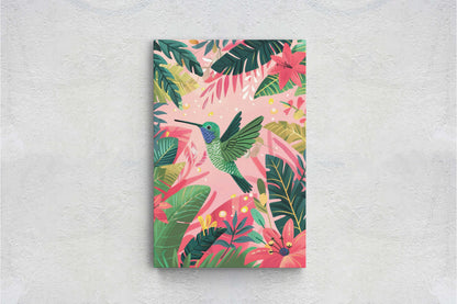 Hummingbird Illustration, Framed Canvas, Tropical Art, Maximalist Jungle, Botanical Print, Bold Eclectic, Pink Art
