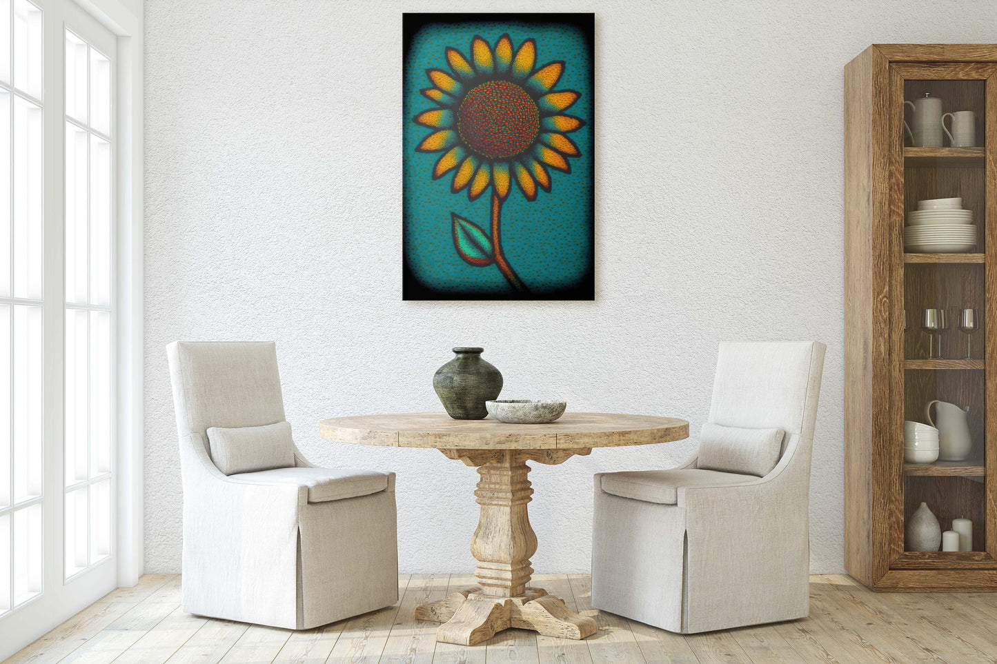 Sunflower, Abstract, Pointillism, Flower Decor, Large Print, Ready To hang, Farmhouse, Farm, Vertical Print, Modern Art, Contemporary