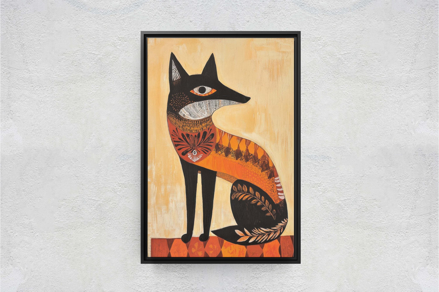 Scandinavian Fox, Folk Art, Celestial Art,  Framed Canvas, Nature Print, Whimsical, Egyptian, Abstract