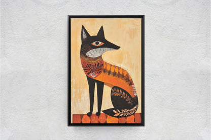 Scandinavian Fox, Folk Art, Celestial Art,  Framed Canvas, Nature Print, Whimsical, Egyptian, Abstract