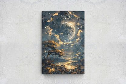 Full Moon, Celestial Painting, Night Sky, Golden Glow, Majestic Landscape, Framed Canvas, Large Art Print