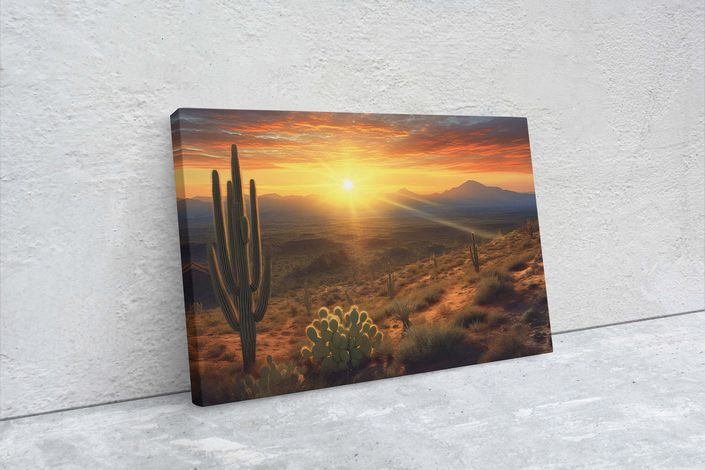 Desert Sunrise on Canvas, Subdued Desert, Landscape Realistic, Realism Painting, Dramatic Sand, Cactus Sunrise, Evening Art, Nature Painting