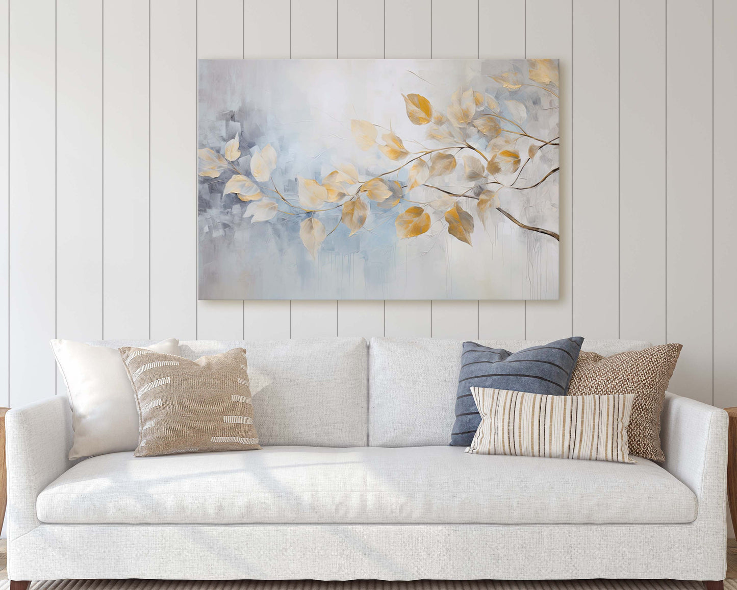 Golden Leaves Rain, Floral Art Painting, Contemporary Canvas,  Large Print, Framed Canvas, Neutral Color, Gray and Gold, Blue Tones