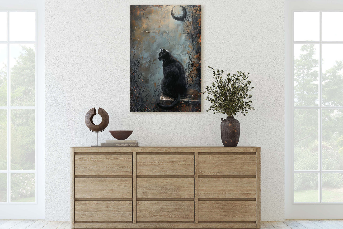 Crypt Cat, Black Cat, Creepy Decor, Framed Canvas, Halloween Decor, Gothic Art, Extra Large Print
