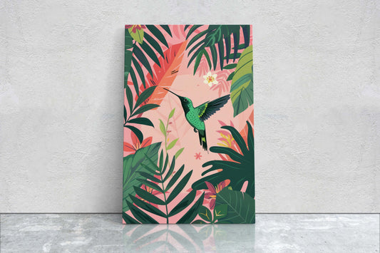 Hummingbird Illustration, Framed Canvas, Tropical Art, Maximalist Jungle, Botanical Print, Bold Eclectic