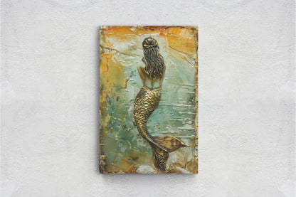 Rustic Mermaid, Faux metal art, Mythical Creature, Ocean Decor, Framed Canvas, Large Art print, Fantasy Painting