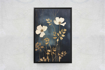 White Flowers, Indigo and Gold, Black and Gold, Wildflowers, Floral Painting, Framed Canvas, Large Print, Simple Bold, Contemporary Modern