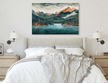 Lakeside Mountains on Canvas, Lake View mountains, Abstract Landscape, Modern Landscape, Neutral Tones, Subtle color, Watercolor Print