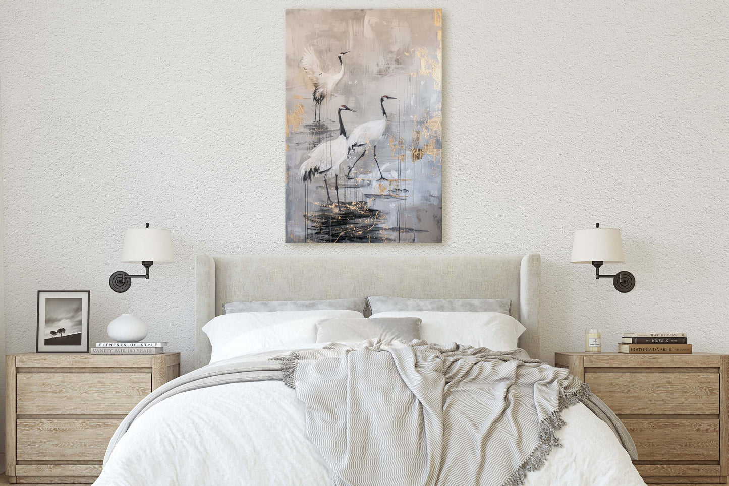 Japanese Cranes, Gold & Beige, Minimalist Art, Heron Decor, Framed Canvas, Japandi Print, Extra Large, Neutral Tones