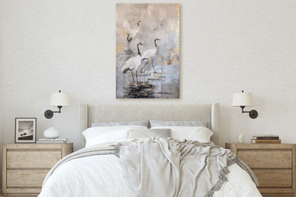 Japanese Cranes, Gold & Beige, Minimalist Art, Heron Decor, Framed Canvas, Japandi Print, Extra Large, Neutral Tones