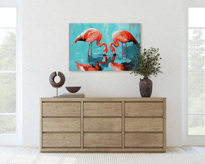 Flamingo Painting, Bird Art, Flamingos Drinking