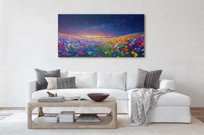 Night time Meadow, Canvas Print, Flower Print, Floral Decor, Star Sky, Starry, Wildflowers Decor