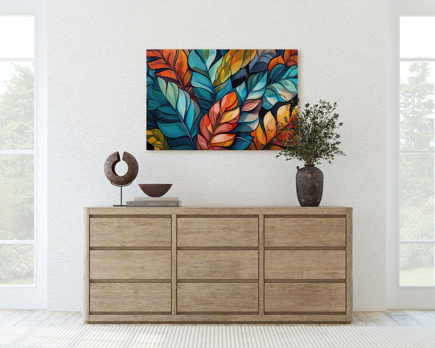 Modern Leaves, Contemporary Colorful, Fall Season, Abstract Symbolist, Framed Canvas, Large Art Print