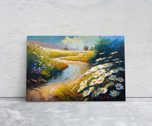 Chamomile Field, White Wildflowers,  Flowers Canvas Art Ready To Hang Large Print, Oil Painting, Landscape