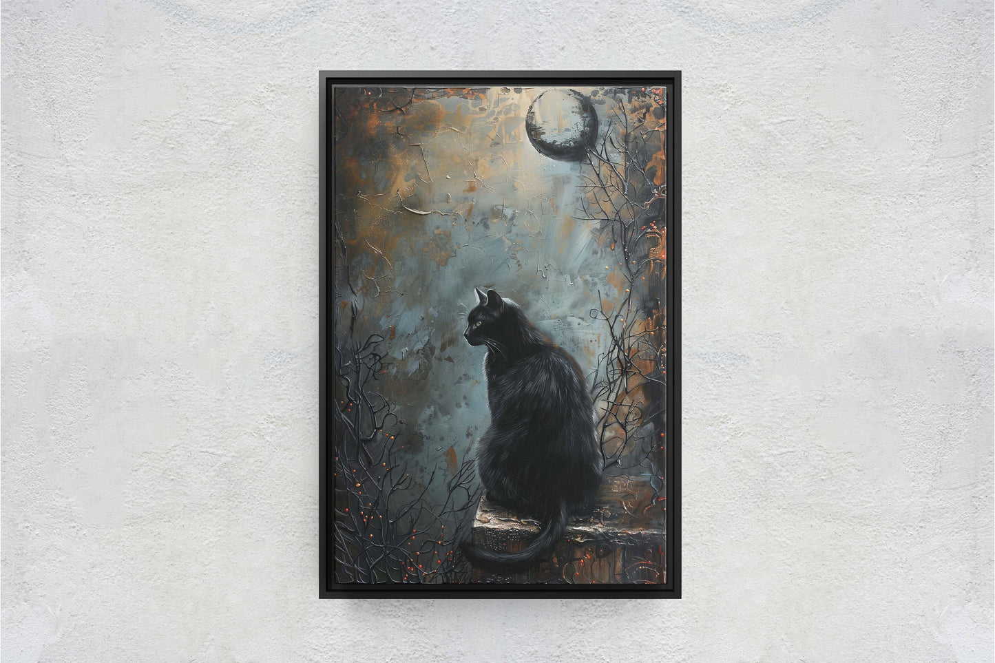 Crypt Cat, Black Cat, Creepy Decor, Framed Canvas, Halloween Decor, Gothic Art, Extra Large Print