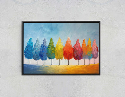 Seasons Painting, Pastel Trees, Rainbow Tree, Spring Summer, Fall Winter, Blue Tones, Colorful Vivid, Framed Canvas, Large Art Print