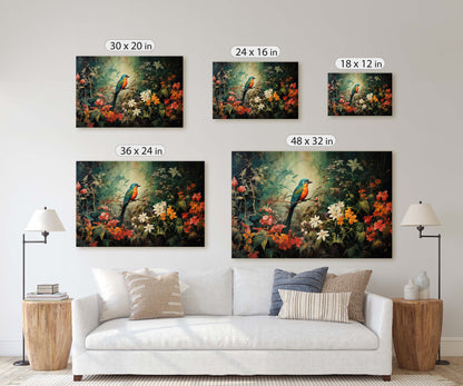 Jungle Bird Painting, Jungle Art, Green Jungle, Framed Canvas, Large Print, Beautiful Bird, Flower Jungle, Tropical Forest, Rainforest Art