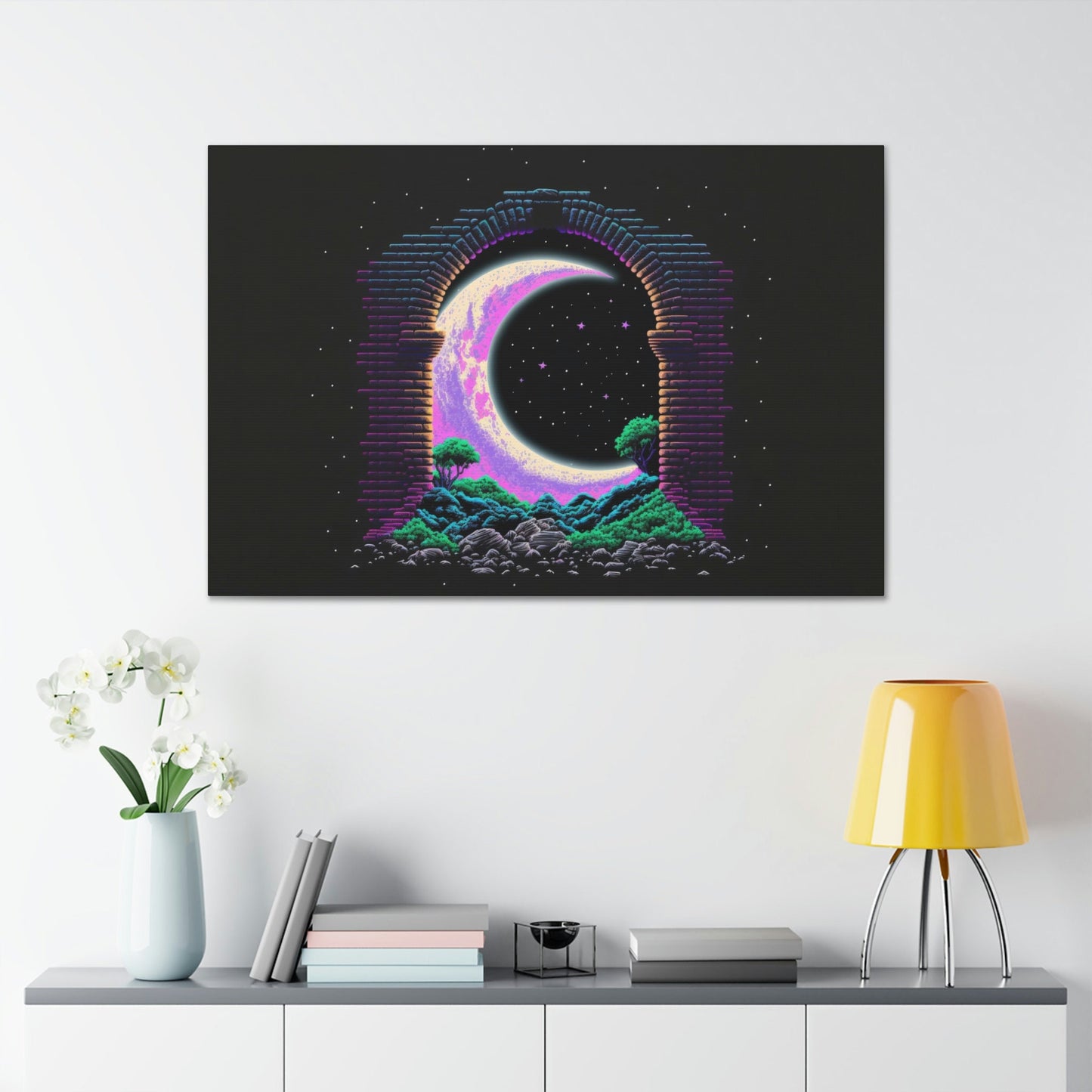 Moon Pixel Art Canvas Art Ready To Hang Large Print, Video Gamer, Man Cave, Synth Wave,