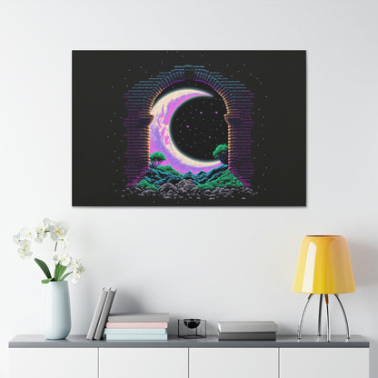 Moon Pixel Art Canvas Art Ready To Hang Large Print, Video Gamer, Man Cave, Synth Wave,