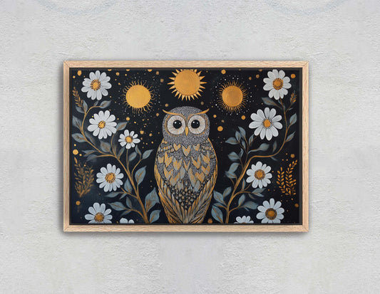 Owl Celestial, Folk Art, Celestial Art,  Framed Canvas, Nature Print, Whimsical, Cottagecore