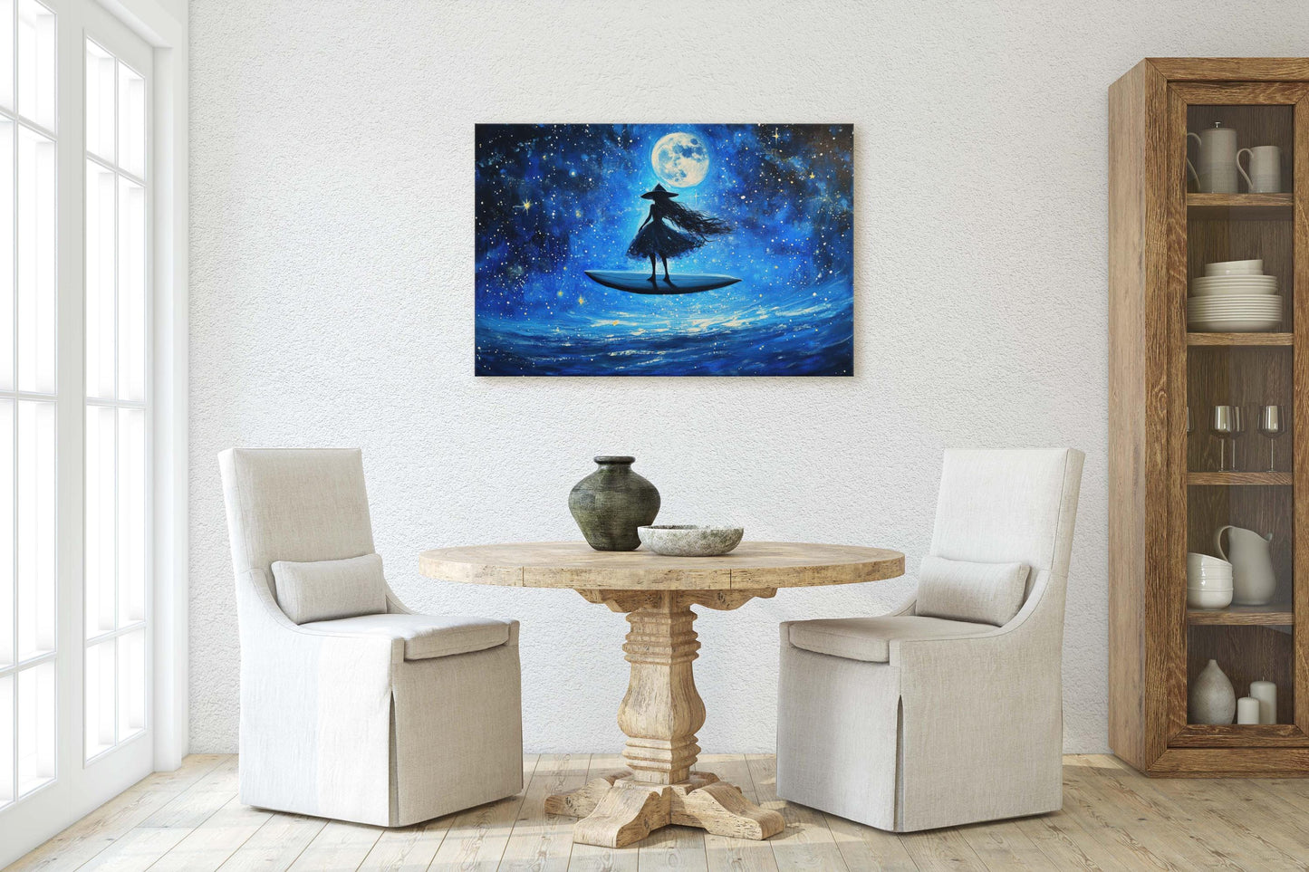 Surfing Witch, Flywing Witch, Halloween Art,  Full Moon, Blue Ocean, Whimsical Art, Fun Halloween, Whimsy