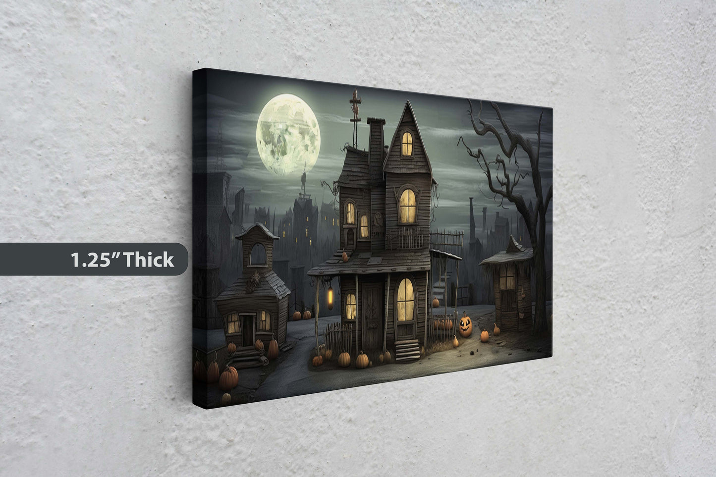Spooky Mansion, Halloween House, Gothic Home, Scary House, Moonlit Black, Framed Canvas, Creepy cute, Spooky house Art