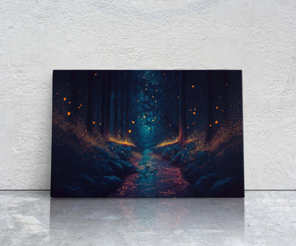 Mystical Firefly Forest Canvas Art Ready To Hang Large Print, Oil Painting, Fantasy Forest
