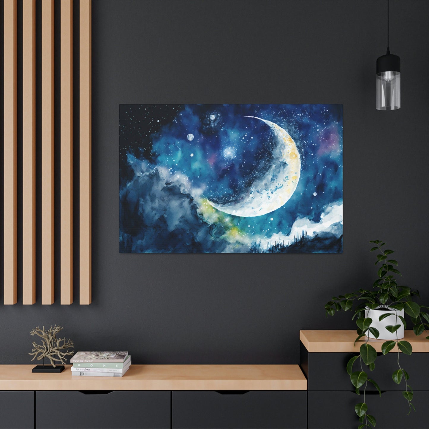 Watercolor Moon Sky Canvas Art Ready To Hang Large Print, Night Sky, Star Sky