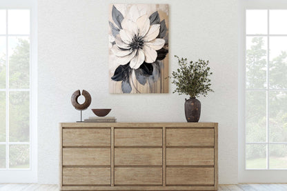 Flower Painting, Black White Flower, Contemporary Art, Beige Black White