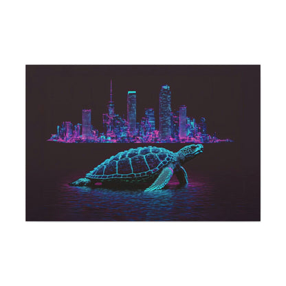 Turtle Pixel Art Canvas Art Ready To Hang Large Print, Man Cave, Video Game, Retro, Synthwave, Neon