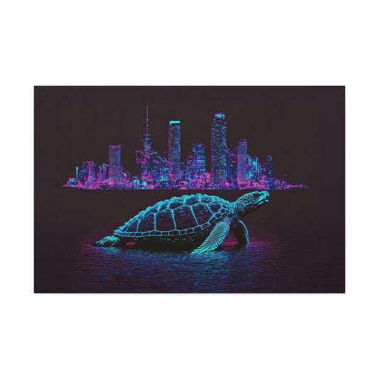 Turtle Pixel Art Canvas Art Ready To Hang Large Print, Man Cave, Video Game, Retro, Synthwave, Neon