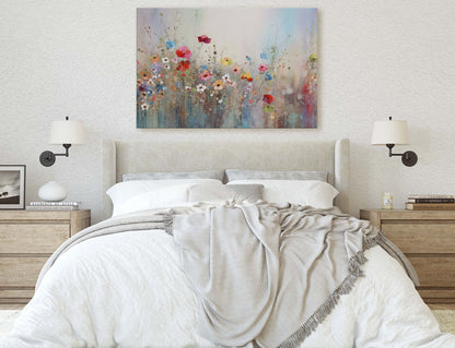 Wildflowers on Canvas, Flowers in Rain. Abstract Wall Art, Framed Canvas, Watercolor flowers,  Floral Print, Classic, Rustic Farmhouse