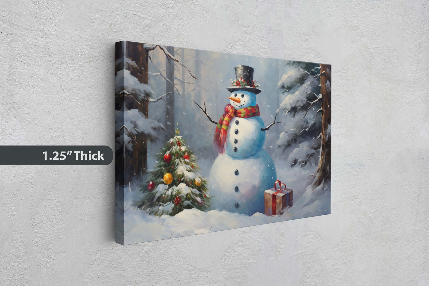 Snowman Present, Christmas Snowman, Snow Trees, Festive Decor, Holiday Art, Xmas Print, Framed Canvas, Large Print