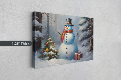 Snowman Present, Christmas Snowman, Snow Trees, Festive Decor, Holiday Art, Xmas Print, Framed Canvas, Large Print