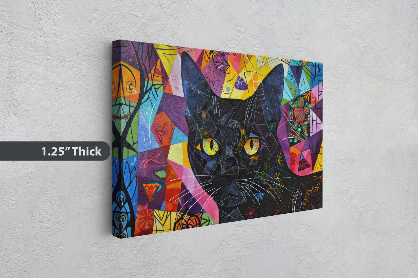 Geometric Cat Art, Whimsical Colorful, Abstract Cat, Pop Art, Large Art Print, Framed Canvas, Black Cat, Cat Lover, Animal Art