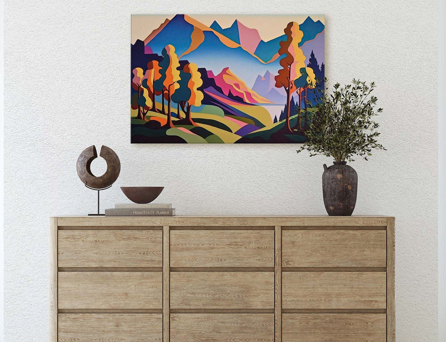 Surreal Mountain, Subdued Landscape, Simplistic Painting, Minimal Abstract, Modern, Art Deco, Geometric Shapes