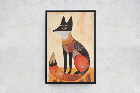 Scandinavian Fox, Folk Art, Celestial Art,  Framed Canvas, Nature Print, Whimsical, Egyptian, Abstract