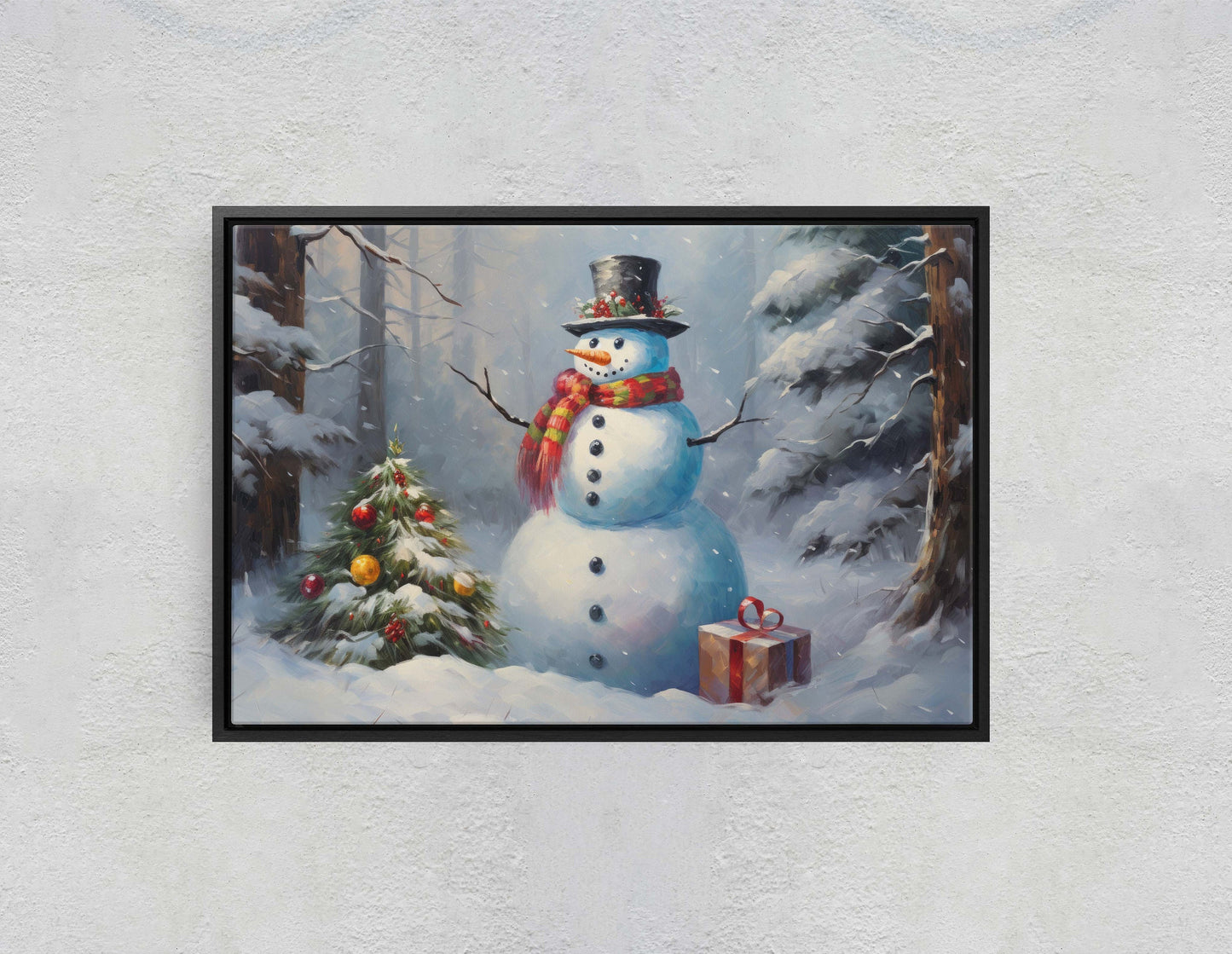 Snowman Present, Christmas Snowman, Snow Trees, Festive Decor, Holiday Art, Xmas Print, Framed Canvas, Large Print