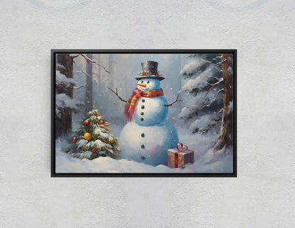 Snowman Present, Christmas Snowman, Snow Trees, Festive Decor, Holiday Art, Xmas Print, Framed Canvas, Large Print