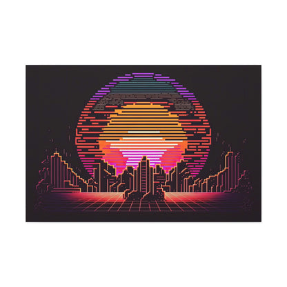Pixel Art Sunset City Canvas Art Ready To Hang Large Print, Man Cave, Video Game, Retro, Synthwave