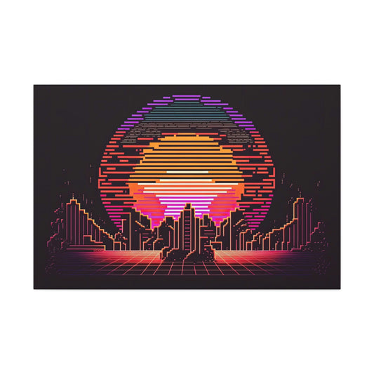 Pixel Art Sunset City Canvas Art Ready To Hang Large Print, Man Cave, Video Game, Retro, Synthwave