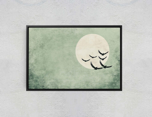 Birds in Flight, Bird Sky Painting, Minimalist Decor, Light Green, Pastel Color