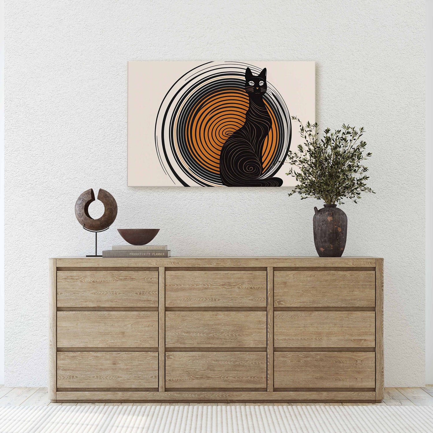 Boho Cat, Minimalist, Midcentury Canvas Art Ready To Hang Large Print, Painting, Landscape