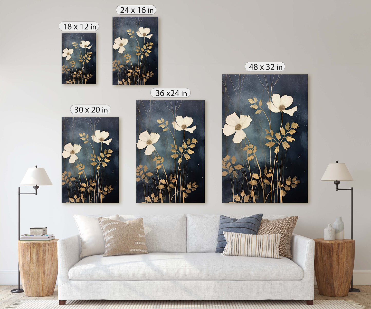 White Flowers, Indigo and Gold, Black and Gold, Wildflowers, Floral Painting, Framed Canvas, Large Print, Simple Bold, Contemporary Modern