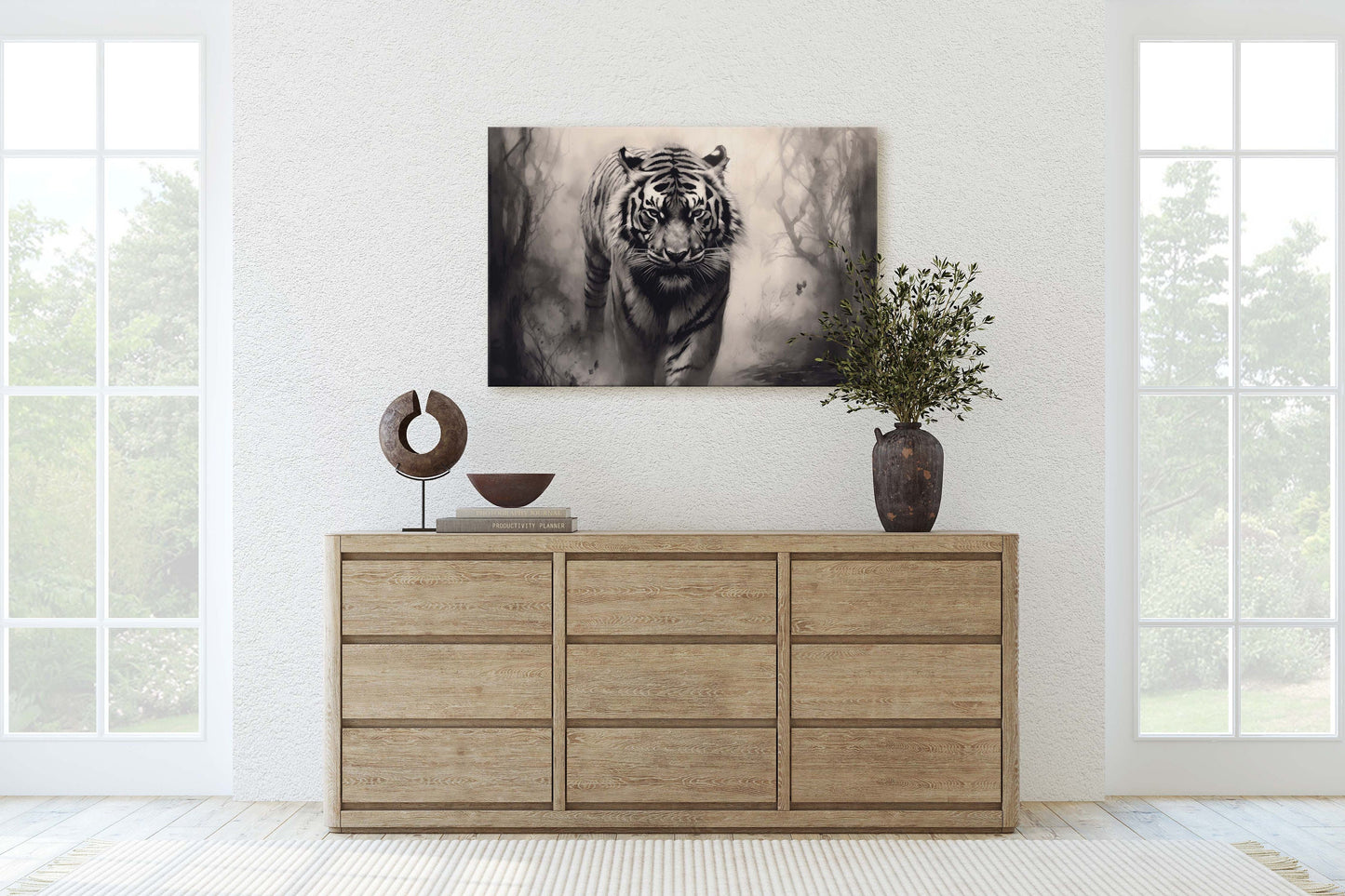 Tiger Forest, Black and White, Animal Print, Contemporary Art, Modern Art, Tiger Photo, Photograph, Canvas Art Print, Ready to Hang