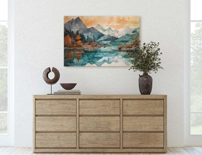 Lakeside Mountains on Canvas, Lake View mountains, Abstract Landscape, Modern Landscape, Neutral Tones, Subtle color, Watercolor Print