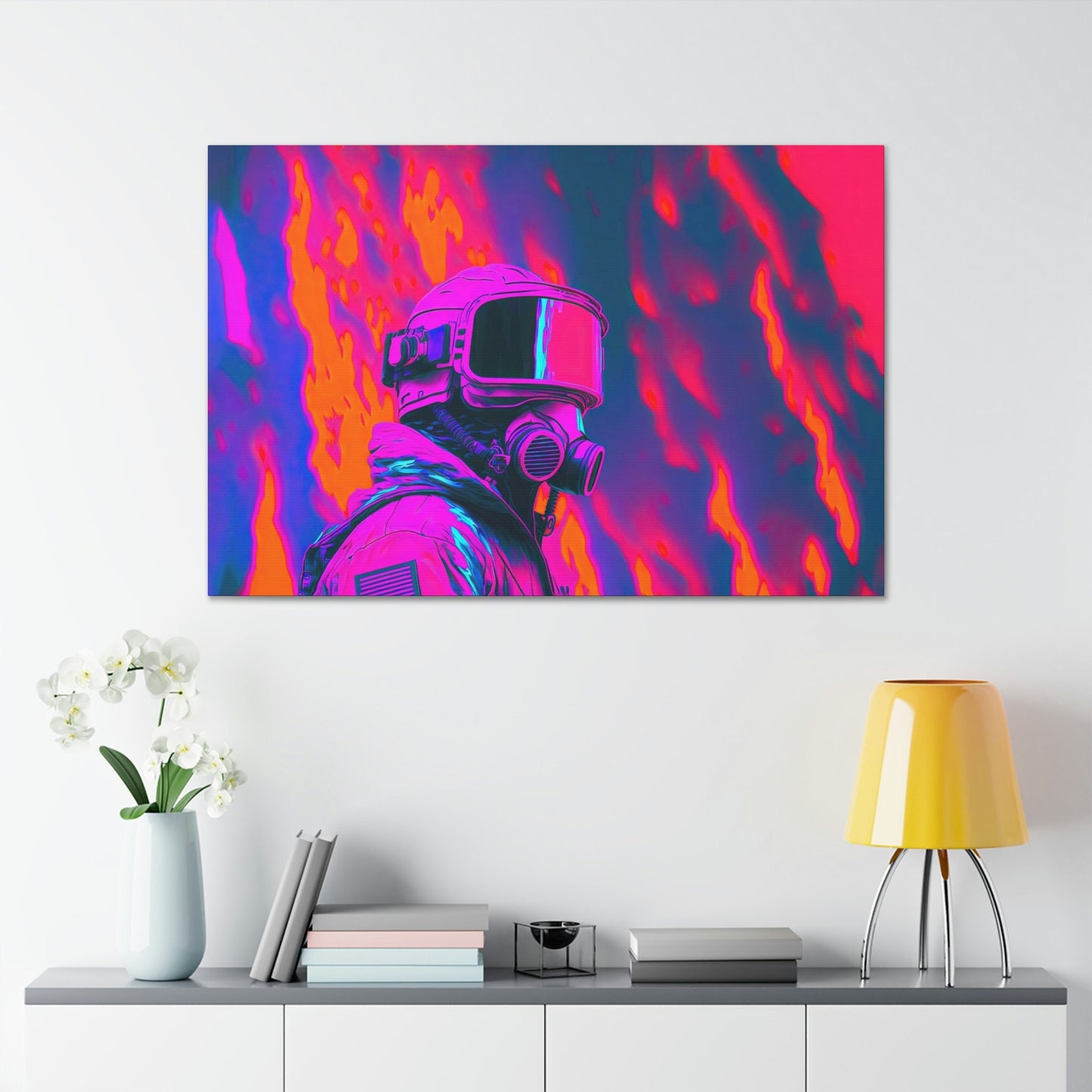 Firefighter VaportWave Art Canvas Art Ready To Hang Large Print, Man Cave, Video Game, Retro, Synthwave, Neon