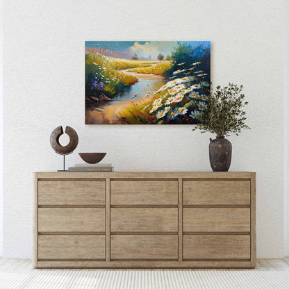Chamomile Field, White Wildflowers,  Flowers Canvas Art Ready To Hang Large Print, Oil Painting, Landscape