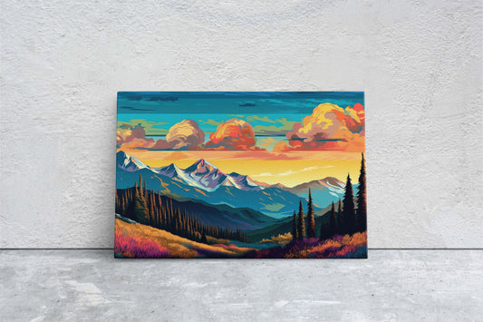 Cloud Mountains on Canvas, Flat Illustration, Sunset Colors, Sunrise Scene, Mountain Range, National Park, Abstract Art, Drawing, Framed