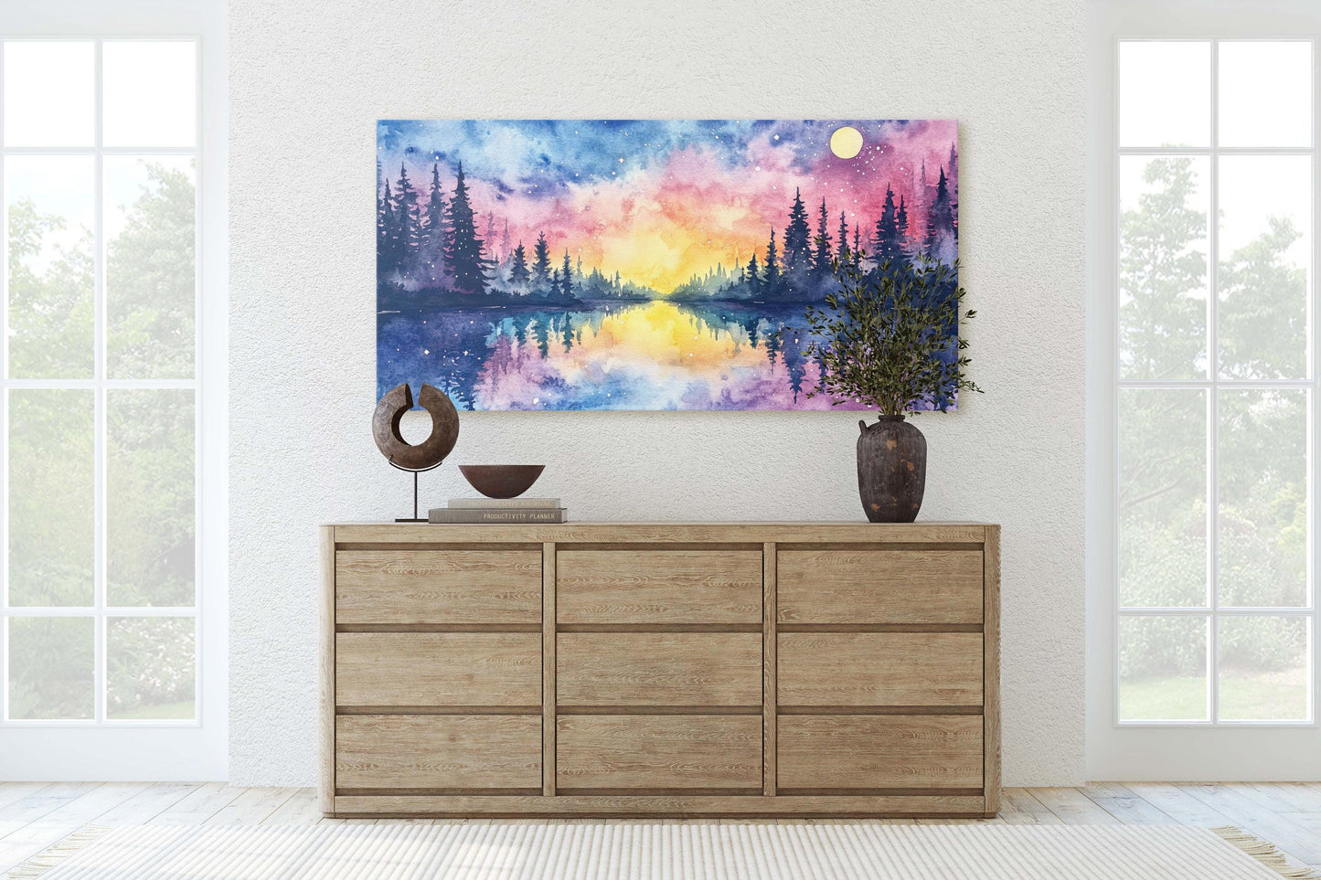 Mystical Lake, Pastel Colors, Watercolor, Ethereal Sky